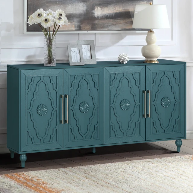Alt view image 2 of 7 - 63'' Large Storage Cabinet with Metal Handle, Carved Flower Doors, Wooden Mordern Sideboard Console with Adjustable Shelves for Living Room, Kitchen, Entryway(Navy Blue)