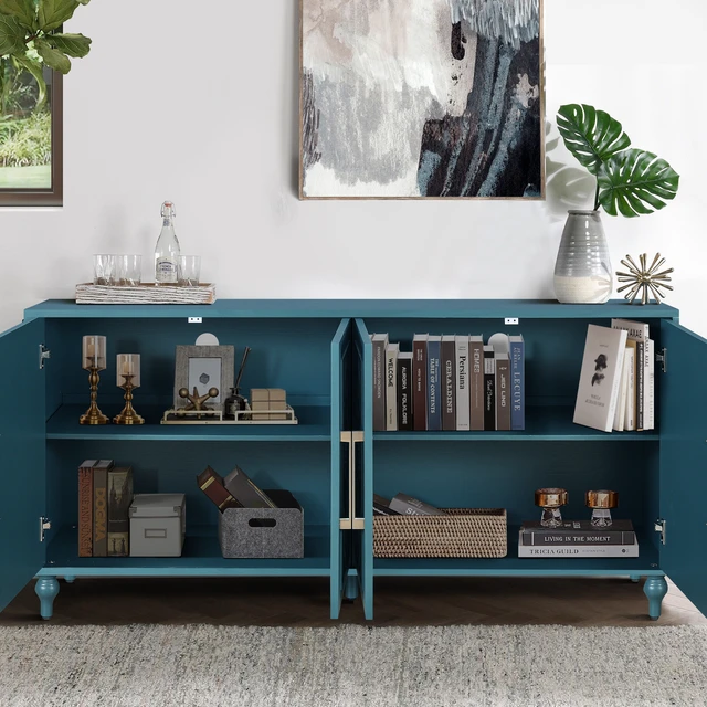 Alt view image 6 of 7 - 63'' Large Storage Cabinet with Metal Handle, Carved Flower Doors, Wooden Mordern Sideboard Console with Adjustable Shelves for Living Room, Kitchen, Entryway(Navy Blue)