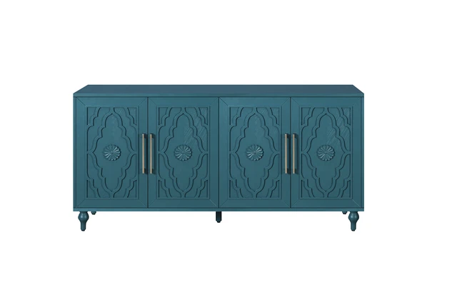Alt view image 7 of 7 - 63'' Large Storage Cabinet with Metal Handle, Carved Flower Doors, Wooden Mordern Sideboard Console with Adjustable Shelves for Living Room, Kitchen, Entryway(Navy Blue)
