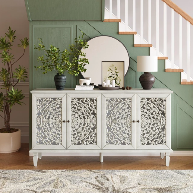 Main image of 60" Antique Buffet Cabinet with Floral Carvings with Solid Wood Legs&Antique Brass Handles&Adjustable Shelves, TV Stand for 65''+ TV, Sideboard for Living Room,Dining Room (Antique Grey White)
