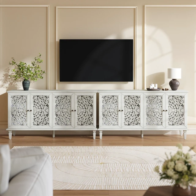 Alt view image 6 of 7 - 60" Antique Buffet Cabinet with Floral Carvings with Solid Wood Legs&Antique Brass Handles&Adjustable Shelves, TV Stand for 65''+ TV, Sideboard for Living Room,Dining Room (Antique Grey White)