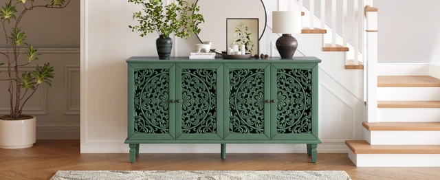 Alt view image 5 of 7 - 60" Antique Buffet Cabinet with Floral Carvings with Solid Wood Legs&Antique Brass Handles&Adjustable Shelves, TV Stand for 65''+ TV, Sideboard for Living Room,Dining Room(Antique Green)