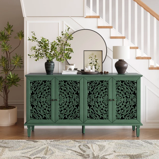 Alt view image 3 of 7 - 60" Antique Buffet Cabinet with Floral Carvings with Solid Wood Legs&Antique Brass Handles&Adjustable Shelves, TV Stand for 65''+ TV, Sideboard for Living Room,Dining Room(Antique Green)