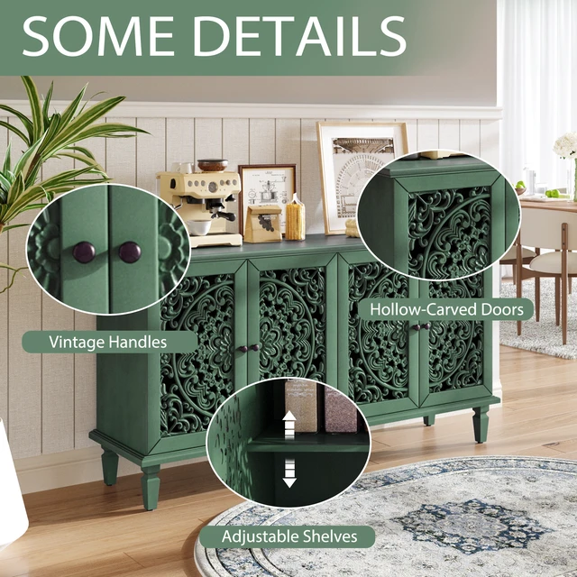 Alt view image 7 of 7 - 60" Antique Buffet Cabinet with Floral Carvings with Solid Wood Legs&Antique Brass Handles&Adjustable Shelves, TV Stand for 65''+ TV, Sideboard for Living Room,Dining Room(Antique Green)