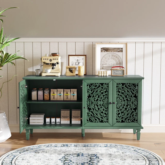 Alt view image 4 of 7 - 60" Antique Buffet Cabinet with Floral Carvings with Solid Wood Legs&Antique Brass Handles&Adjustable Shelves, TV Stand for 65''+ TV, Sideboard for Living Room,Dining Room(Antique Green)