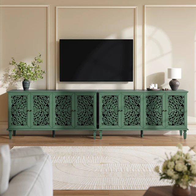 Alt view image 2 of 7 - 60" Antique Buffet Cabinet with Floral Carvings with Solid Wood Legs&Antique Brass Handles&Adjustable Shelves, TV Stand for 65''+ TV, Sideboard for Living Room,Dining Room(Antique Green)