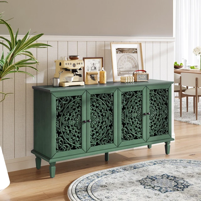 Main image of 60" Antique Buffet Cabinet with Floral Carvings with Solid Wood Legs&Antique Brass Handles&Adjustable Shelves, TV Stand for 65''+ TV, Sideboard for Living Room,Dining Room(Antique Green)