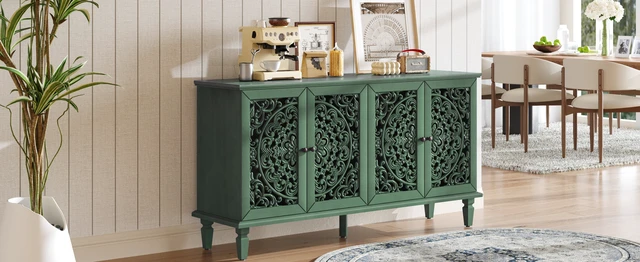 Alt view image 6 of 7 - 60" Antique Buffet Cabinet with Floral Carvings with Solid Wood Legs&Antique Brass Handles&Adjustable Shelves, TV Stand for 65''+ TV, Sideboard for Living Room,Dining Room(Antique Green)