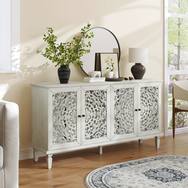 Alt view image 5 of 7 - 60" Antique Buffet Cabinet with Floral Carvings with Solid Wood Legs&Antique Brass Handles&Adjustable Shelves, TV Stand for 65''+ TV, Sideboard for Living Room,Dining Room (Antique Grey White)