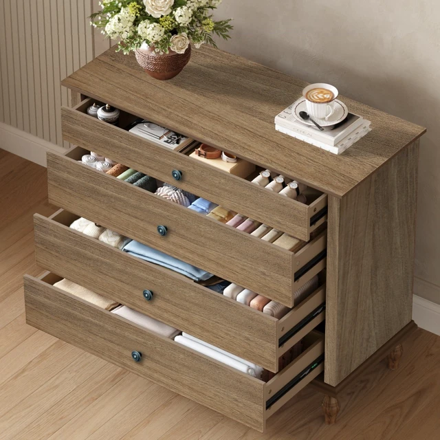 Alt view image 5 of 7 - Large 4-Drawer Chest with Solid Wood Foot, Dresser with Brushed Light Brown Finish & Metal Drawer Knobs, Antique Design for Bedroom & Nursery