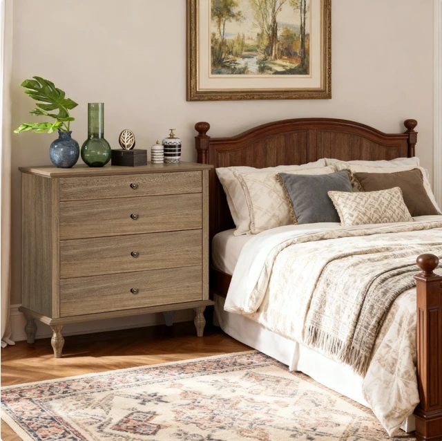 Alt view image 4 of 7 - Large 4-Drawer Chest with Solid Wood Foot, Dresser with Brushed Light Brown Finish & Metal Drawer Knobs, Antique Design for Bedroom & Nursery