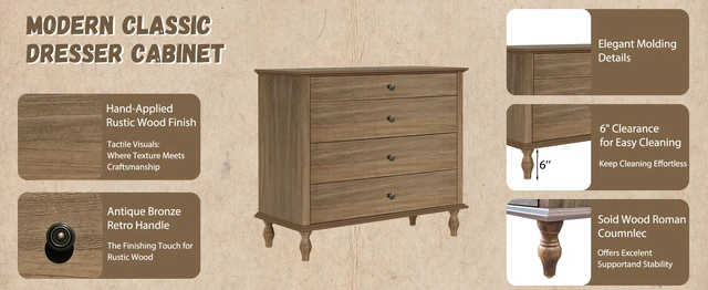 Alt view image 6 of 7 - Large 4-Drawer Chest with Solid Wood Foot, Dresser with Brushed Light Brown Finish & Metal Drawer Knobs, Antique Design for Bedroom & Nursery