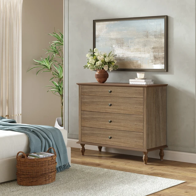 Alt view image 3 of 7 - Large 4-Drawer Chest with Solid Wood Foot, Dresser with Brushed Light Brown Finish & Metal Drawer Knobs, Antique Design for Bedroom & Nursery