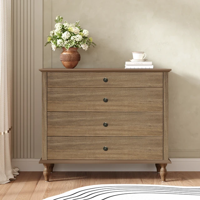 Alt view image 2 of 7 - Large 4-Drawer Chest with Solid Wood Foot, Dresser with Brushed Light Brown Finish & Metal Drawer Knobs, Antique Design for Bedroom & Nursery
