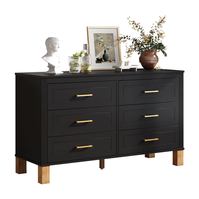 Alt view image 7 of 7 - 6-Drawer Double Dresser , Modern Storage Cabinet with Metal Handles & Solid Wood Legs, Dresser Drawer Organizer for Kids Bedroom, Heavy-Duty Wooden Dresser with Pre-Installed,Black