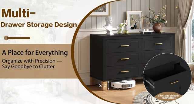 Alt view image 6 of 7 - 6-Drawer Double Dresser , Modern Storage Cabinet with Metal Handles & Solid Wood Legs, Dresser Drawer Organizer for Kids Bedroom, Heavy-Duty Wooden Dresser with Pre-Installed,Black