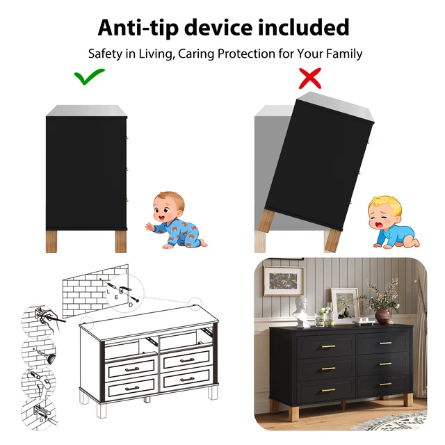 Alt view image 4 of 7 - 6-Drawer Double Dresser , Modern Storage Cabinet with Metal Handles & Solid Wood Legs, Dresser Drawer Organizer for Kids Bedroom, Heavy-Duty Wooden Dresser with Pre-Installed,Black