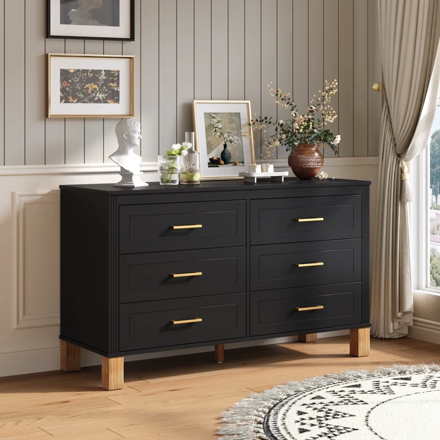Alt view image 2 of 7 - 6-Drawer Double Dresser , Modern Storage Cabinet with Metal Handles & Solid Wood Legs, Dresser Drawer Organizer for Kids Bedroom, Heavy-Duty Wooden Dresser with Pre-Installed,Black