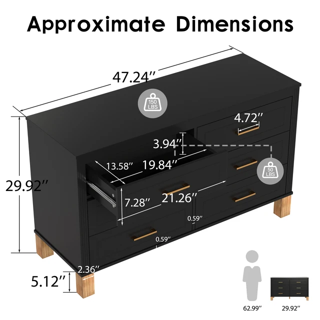 Alt view image 5 of 7 - 6-Drawer Double Dresser , Modern Storage Cabinet with Metal Handles & Solid Wood Legs, Dresser Drawer Organizer for Kids Bedroom, Heavy-Duty Wooden Dresser with Pre-Installed,Black