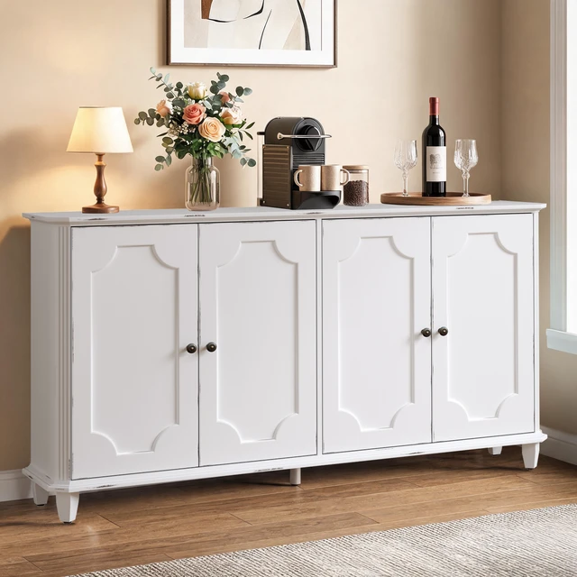 Alt view image 3 of 7 - Vintage Distressed White Farmhouse Sideboard Buffet Cabinet, 4 Decorative Curved Doors Closed Storage Credenza Cupboard,63'' Large Accent Console Cabinet for Entryway, Living Room, Kitchen, Bedroom
