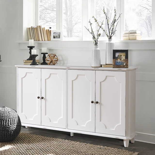 Alt view image 4 of 7 - Vintage Distressed White Farmhouse Sideboard Buffet Cabinet, 4 Decorative Curved Doors Closed Storage Credenza Cupboard,63'' Large Accent Console Cabinet for Entryway, Living Room, Kitchen, Bedroom