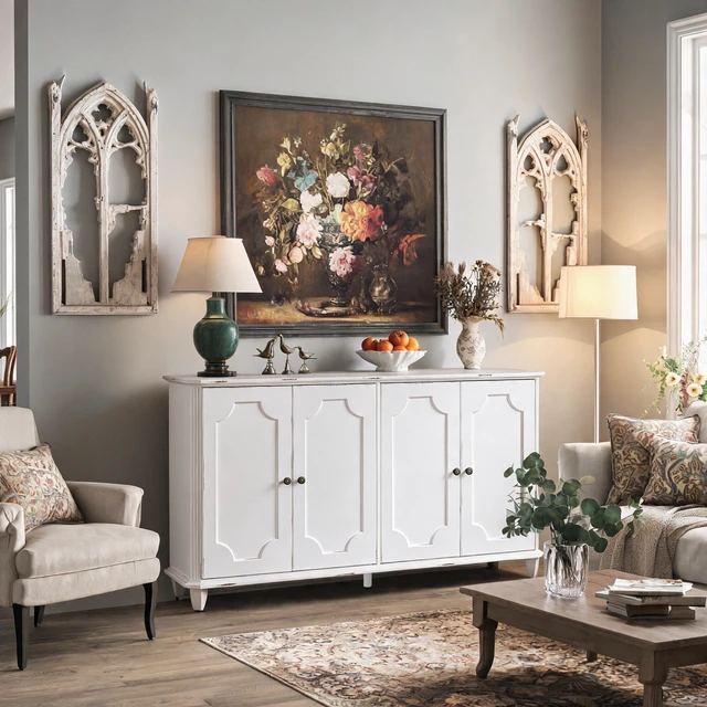 Alt view image 2 of 7 - Vintage Distressed White Farmhouse Sideboard Buffet Cabinet, 4 Decorative Curved Doors Closed Storage Credenza Cupboard,63'' Large Accent Console Cabinet for Entryway, Living Room, Kitchen, Bedroom
