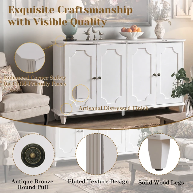 Alt view image 5 of 7 - Vintage Distressed White Farmhouse Sideboard Buffet Cabinet, 4 Decorative Curved Doors Closed Storage Credenza Cupboard,63'' Large Accent Console Cabinet for Entryway, Living Room, Kitchen, Bedroom