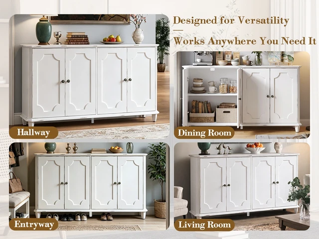 Alt view image 6 of 7 - Vintage Distressed White Farmhouse Sideboard Buffet Cabinet, 4 Decorative Curved Doors Closed Storage Credenza Cupboard,63'' Large Accent Console Cabinet for Entryway, Living Room, Kitchen, Bedroom