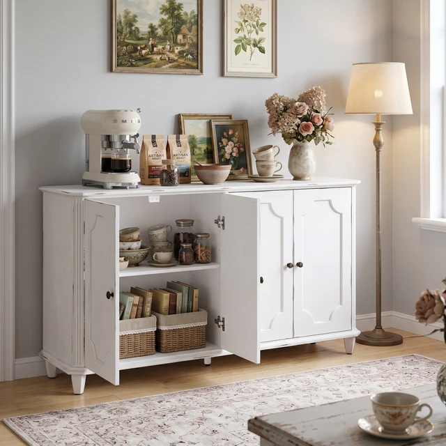 Alt view image 7 of 7 - Vintage Distressed White Farmhouse Sideboard Buffet Cabinet, 4 Decorative Curved Doors Closed Storage Credenza Cupboard,63'' Large Accent Console Cabinet for Entryway, Living Room, Kitchen, Bedroom