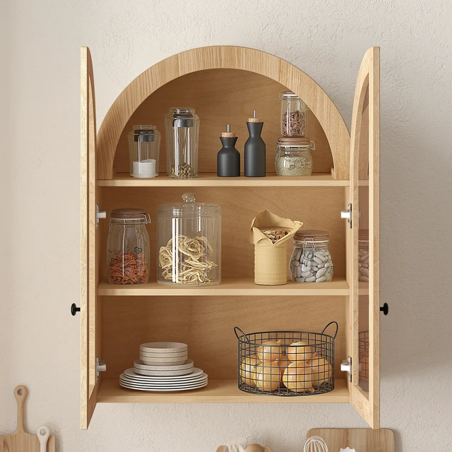 Alt view image 4 of 7 - Arched Wall Mounted Cabinet, Wood Veneer Wall Storage Cabinet with Tempered Glass Doors, Adjustable Shelf, Easy Hanging Hardware Included, Decorative Floating Wall Cabinet for Bathroom Living Room