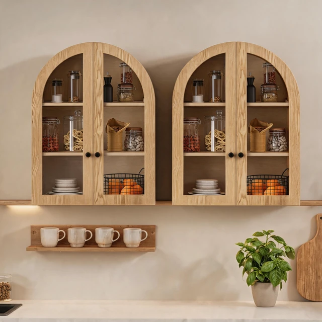 Alt view image 3 of 7 - Arched Wall Mounted Cabinet, Wood Veneer Wall Storage Cabinet with Tempered Glass Doors, Adjustable Shelf, Easy Hanging Hardware Included, Decorative Floating Wall Cabinet for Bathroom Living Room