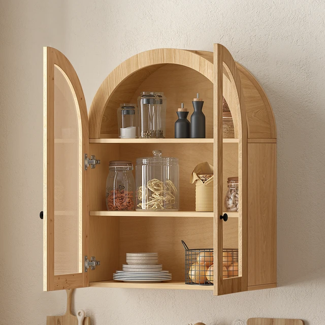 Alt view image 5 of 7 - Arched Wall Mounted Cabinet, Wood Veneer Wall Storage Cabinet with Tempered Glass Doors, Adjustable Shelf, Easy Hanging Hardware Included, Decorative Floating Wall Cabinet for Bathroom Living Room