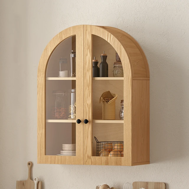 Alt view image 2 of 7 - Arched Wall Mounted Cabinet, Wood Veneer Wall Storage Cabinet with Tempered Glass Doors, Adjustable Shelf, Easy Hanging Hardware Included, Decorative Floating Wall Cabinet for Bathroom Living Room