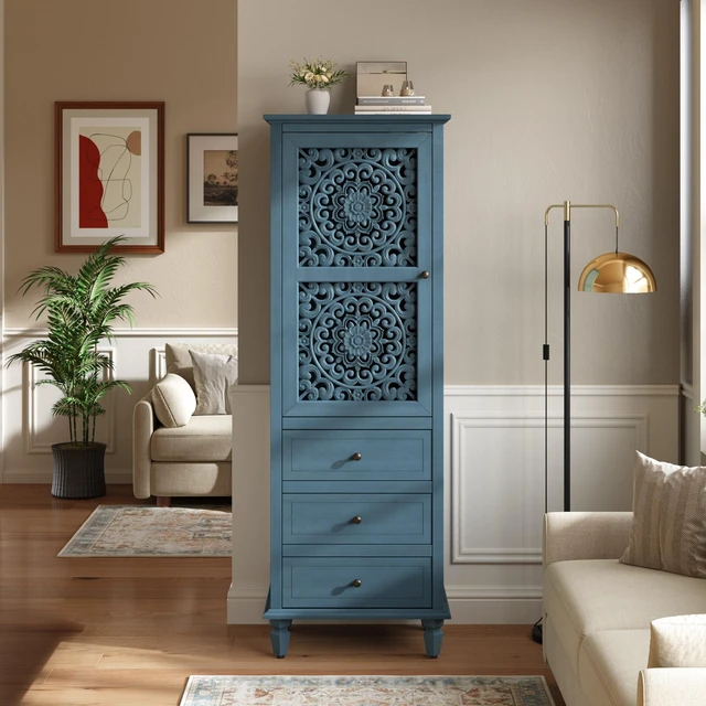 Main image of 63" Tall Farmhouse Vintage Decorative Cabinet with Carved Door & 3 Drawers, Freestanding Tall Side Cabinet with Interior Storage, Retro Display Cabinet for Living Room Entryway Dining Room, Blue