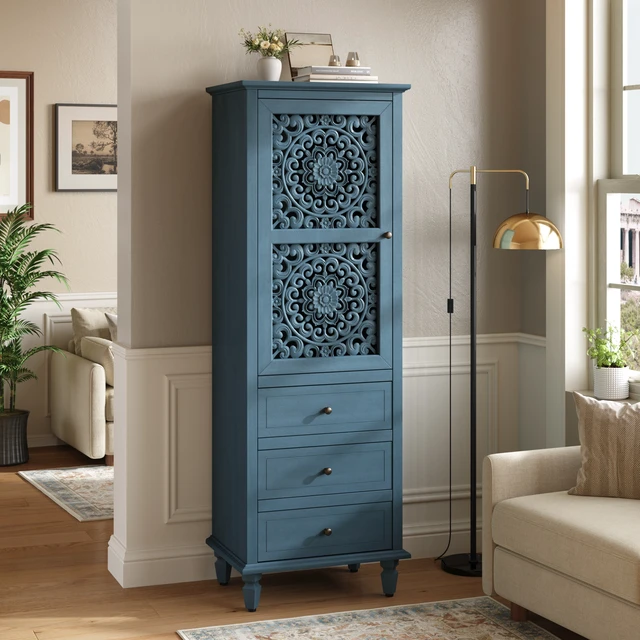 Alt view image 2 of 7 - 63" Tall Farmhouse Vintage Decorative Cabinet with Carved Door & 3 Drawers, Freestanding Tall Side Cabinet with Interior Storage, Retro Display Cabinet for Living Room Entryway Dining Room, Blue