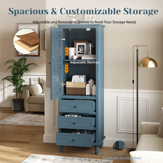 Alt view image 4 of 7 - 63" Tall Farmhouse Vintage Decorative Cabinet with Carved Door & 3 Drawers, Freestanding Tall Side Cabinet with Interior Storage, Retro Display Cabinet for Living Room Entryway Dining Room, Blue
