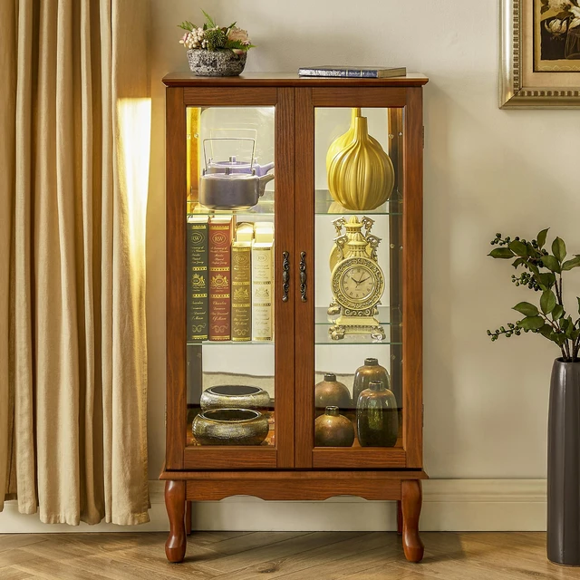 Main image of Curio Cabinet Lighted Curio Diapaly Cabinet with Adjustable Shelves and Mirrored Back Panel, Tempered Glass Doors (Oak, 3 Tier), (E26 light bulb not included)