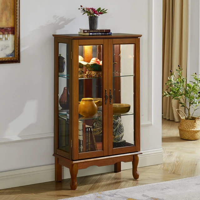 Alt view image 2 of 7 - Curio Cabinet Lighted Curio Diapaly Cabinet with Adjustable Shelves and Mirrored Back Panel, Tempered Glass Doors (Oak, 3 Tier), (E26 light bulb not included)
