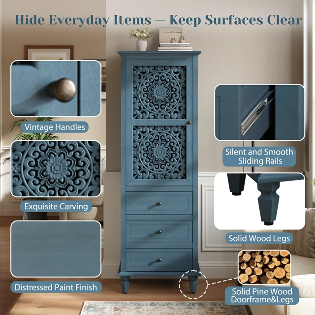 Alt view image 5 of 7 - 63" Tall Farmhouse Vintage Decorative Cabinet with Carved Door & 3 Drawers, Freestanding Tall Side Cabinet with Interior Storage, Retro Display Cabinet for Living Room Entryway Dining Room, Blue