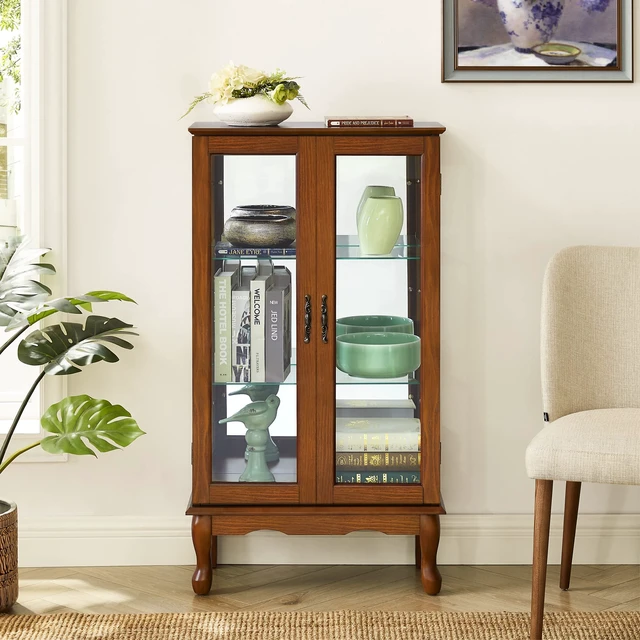 Alt view image 6 of 7 - Curio Cabinet Lighted Curio Diapaly Cabinet with Adjustable Shelves and Mirrored Back Panel, Tempered Glass Doors (Oak, 3 Tier), (E26 light bulb not included)