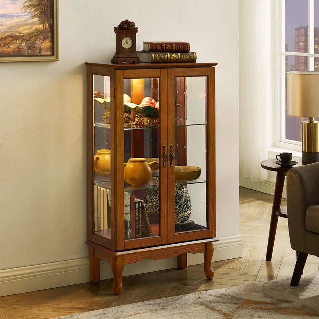 Alt view image 7 of 7 - Curio Cabinet Lighted Curio Diapaly Cabinet with Adjustable Shelves and Mirrored Back Panel, Tempered Glass Doors (Oak, 3 Tier), (E26 light bulb not included)
