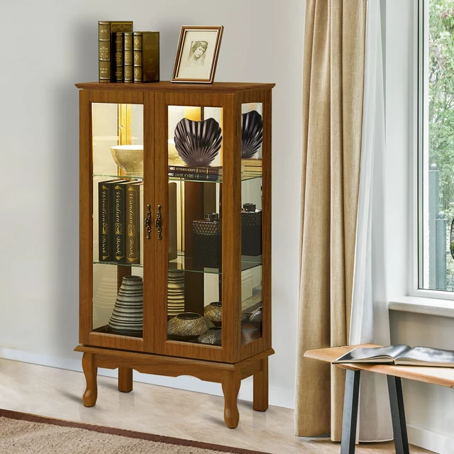 Alt view image 4 of 7 - Curio Cabinet Lighted Curio Diapaly Cabinet with Adjustable Shelves and Mirrored Back Panel, Tempered Glass Doors (Oak, 3 Tier), (E26 light bulb not included)