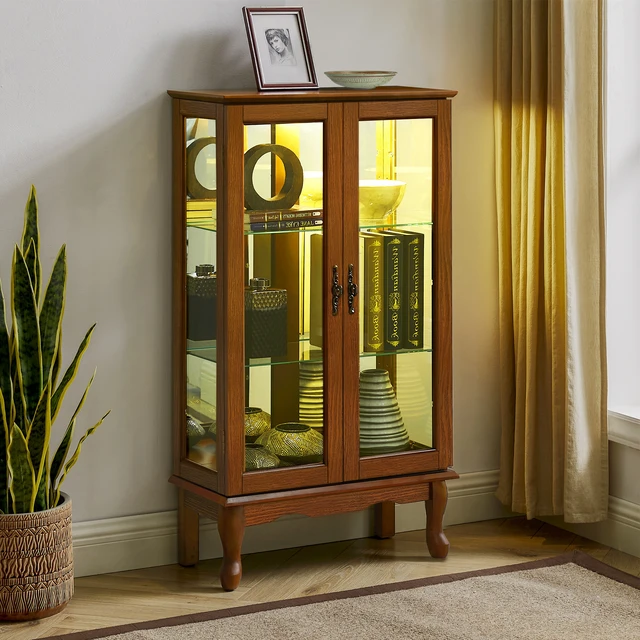 Alt view image 5 of 7 - Curio Cabinet Lighted Curio Diapaly Cabinet with Adjustable Shelves and Mirrored Back Panel, Tempered Glass Doors (Oak, 3 Tier), (E26 light bulb not included)