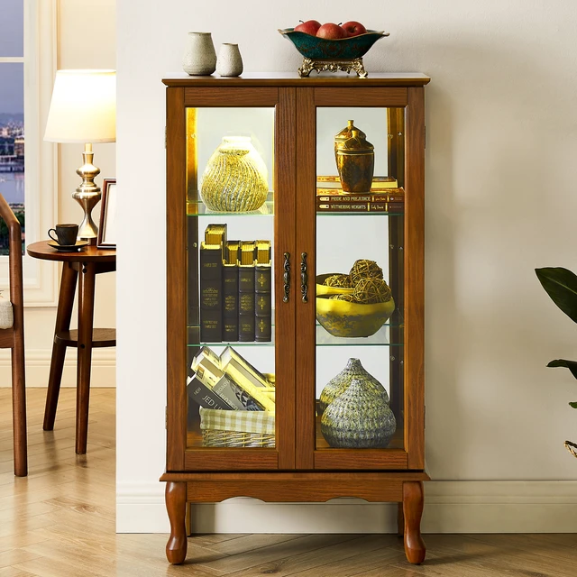 Alt view image 3 of 7 - Curio Cabinet Lighted Curio Diapaly Cabinet with Adjustable Shelves and Mirrored Back Panel, Tempered Glass Doors (Oak, 3 Tier), (E26 light bulb not included)