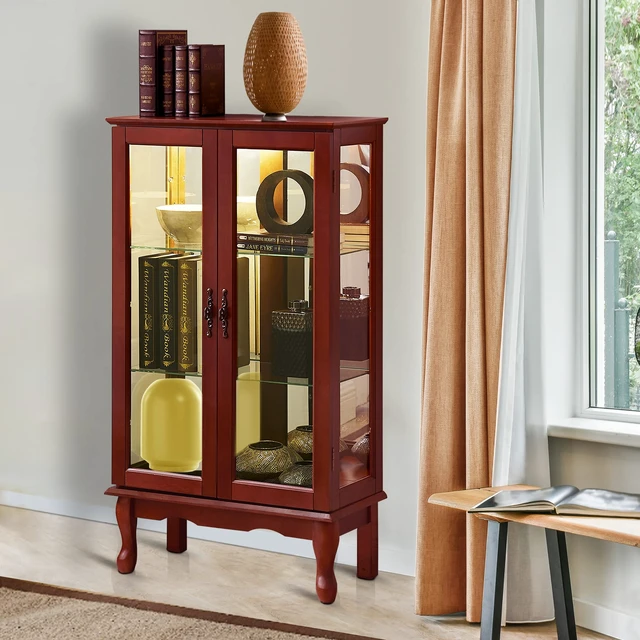 Alt view image 3 of 7 - Curio Cabinet Lighted Curio Diapaly Cabinet with Adjustable Shelves and Mirrored Back Panel, Tempered Glass Doors (Cherry, 3 Tier), (E26 light bulb not included)