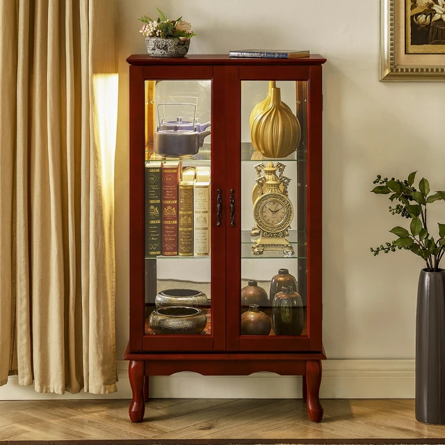 Main image of Curio Cabinet Lighted Curio Diapaly Cabinet with Adjustable Shelves and Mirrored Back Panel, Tempered Glass Doors (Cherry, 3 Tier), (E26 light bulb not included)