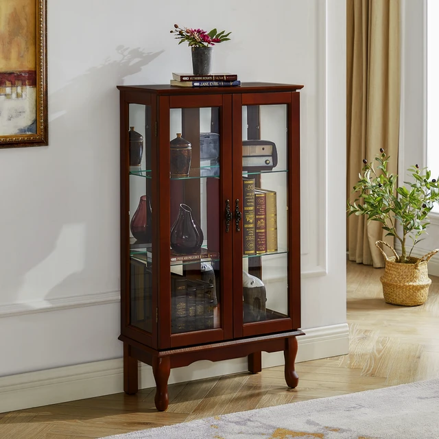 Alt view image 2 of 7 - Curio Cabinet Lighted Curio Diapaly Cabinet with Adjustable Shelves and Mirrored Back Panel, Tempered Glass Doors (Cherry, 3 Tier), (E26 light bulb not included)