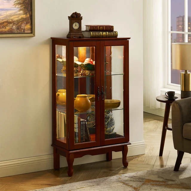 Alt view image 6 of 7 - Curio Cabinet Lighted Curio Diapaly Cabinet with Adjustable Shelves and Mirrored Back Panel, Tempered Glass Doors (Cherry, 3 Tier), (E26 light bulb not included)