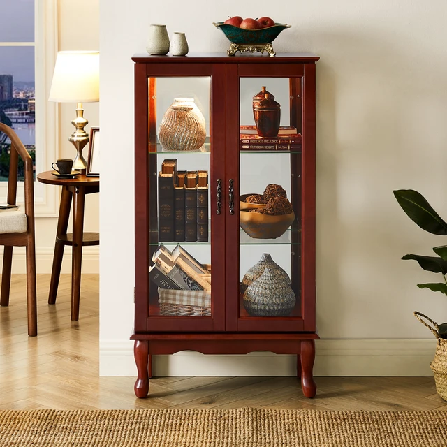 Alt view image 4 of 7 - Curio Cabinet Lighted Curio Diapaly Cabinet with Adjustable Shelves and Mirrored Back Panel, Tempered Glass Doors (Cherry, 3 Tier), (E26 light bulb not included)