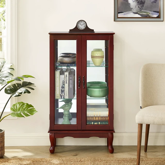 Alt view image 5 of 7 - Curio Cabinet Lighted Curio Diapaly Cabinet with Adjustable Shelves and Mirrored Back Panel, Tempered Glass Doors (Cherry, 3 Tier), (E26 light bulb not included)